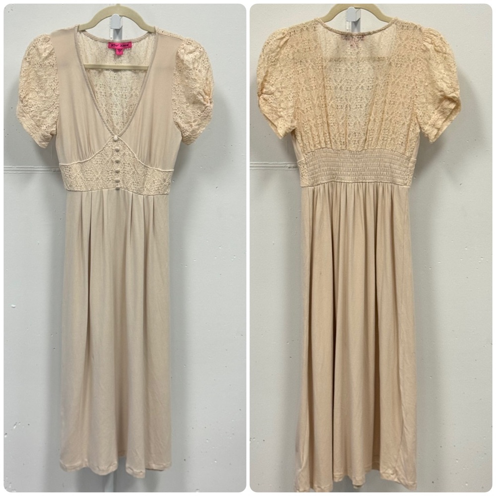 Betsey Johnson Mosaic Lace Puff-Sleeve Midi Dress Crochet Back Cream Sm JL408532